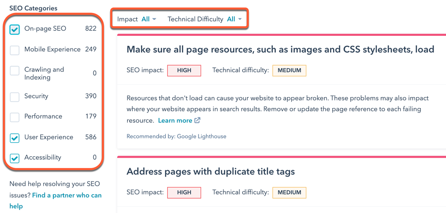 SEO recommendations for a specific page or blog post on HubSpot 