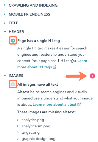 SEO recommendations for a specific page or blog post on HubSpot