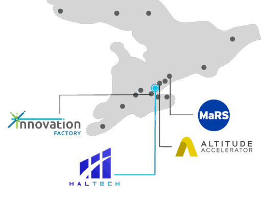 Map showing Haltech, Innovation Factory, Altitude Acceleration, and MaRS locations
